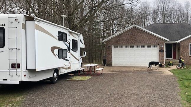 The RV is parked outside of the Katje's home. Patty Katje, a COVID-19 ICU nurse, and her husband, a sheriff's deputy, use it as a buffer to keep the virus away from their family. (WWMT/Courtesy of Karen Lambert)