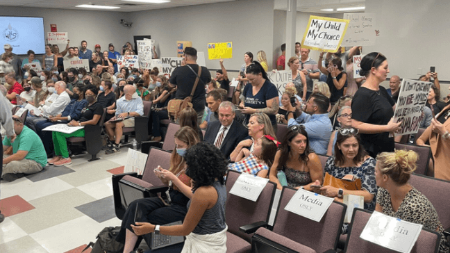 Protesters and parents at a Wilson County School Board meeting on mask mandates. (PHOTO: FOX 17 News)