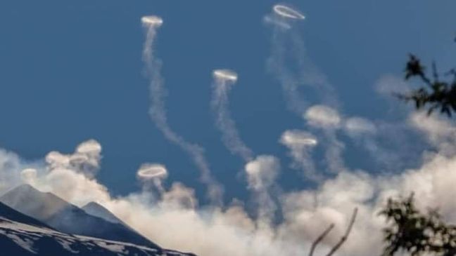 Mount Etna volcano sends out smoke rings in Sicily, Italy, April 5, 2024. (Credit: Marisa Liotta)