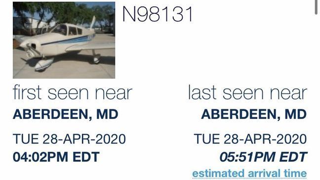 Records show the aircraft took off from the Harford County Airport on Tuesday at 4:02 p.m. It later landed at 5:51 p.m. (Photo: FlightAware, flightaware.com)