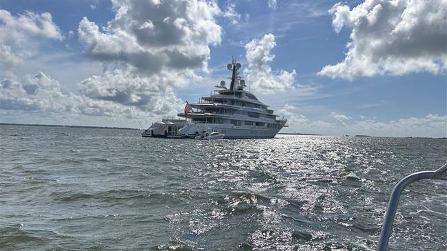 The yacht owned by "Harry Potter" author J.K. Rowling is docked in Charleston's harbor Wednesday. June 12, 2024. (Courtesy of Joshua Silva)