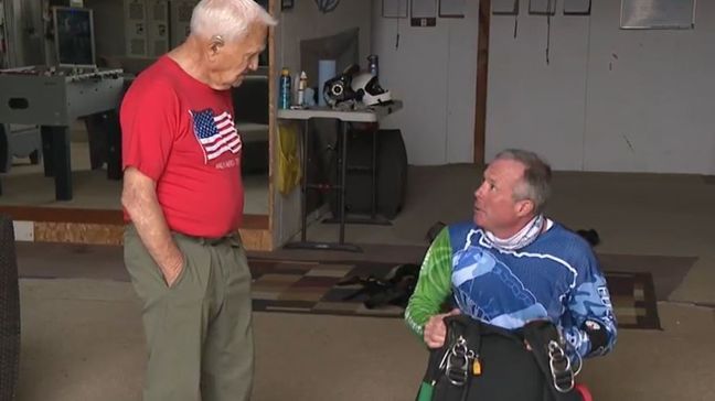 91-year-old John Finnie is seen skydiving on June 24, 2023, as friends, family cheer the Air Force veteran on. (SBG)